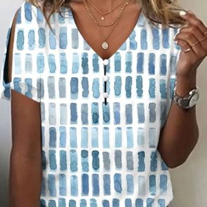 Casual Geometric V Neck Short Sleeve T-shirt, T-shirts, color:Lake Blue|size:5XL, catalog Noracora shop