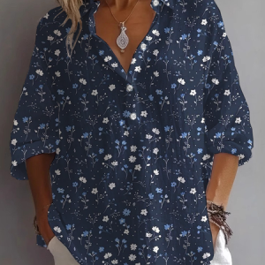 Women Floral Long Sleeve Shirt Spring/Fall Printing Shirt Collar Daily Casual Top, JustFashionNow Shirts, color:Purplish Blue|size:5XL,