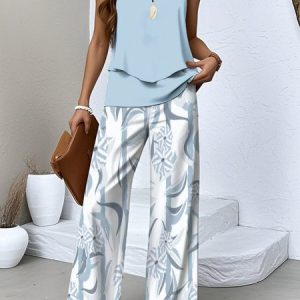 Women Multicolor Block Two-Piece Set Daily Sleeveless Casual Summer Top With Pants Matching Set, Sets, color:Blue|size:XXL, catalog Noracora shop