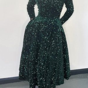 Women Geometric Spring/Fall Dress Crew Neck Long Sleeve A-Line Dress, Dresses, color:Green|size:3XL, catalog Noracora shop