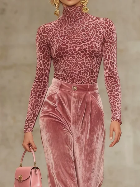 Urban Leopard Turtleneck T-shirt, Tees, color:Pink|size:XXL, Stylewe