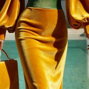 Casual Color Block Knee Length Sweater Skirt, Skirts, color:Yellow|size:XXL, Stylewe