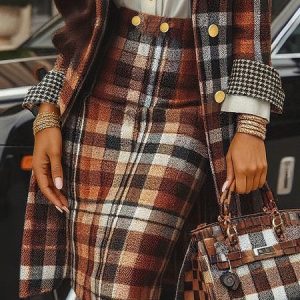 Urban Plaid Midi Skirt, Skirts, color:Brown|size:XXL, Stylewe