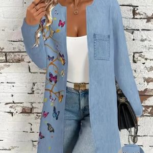 Women Spring/Fall Outerwear Vintage Floral Long Sleeve Crew Neck Jacket, Jackets, color:Denim Blue|size:4XL, catalog Noracora shop