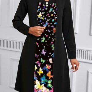 Women Animal Spring/Fall Dress Crew Neck Long Sleeve A-Line Dress, Maxi, color:Black|size:XXL, catalog Noracora shop
