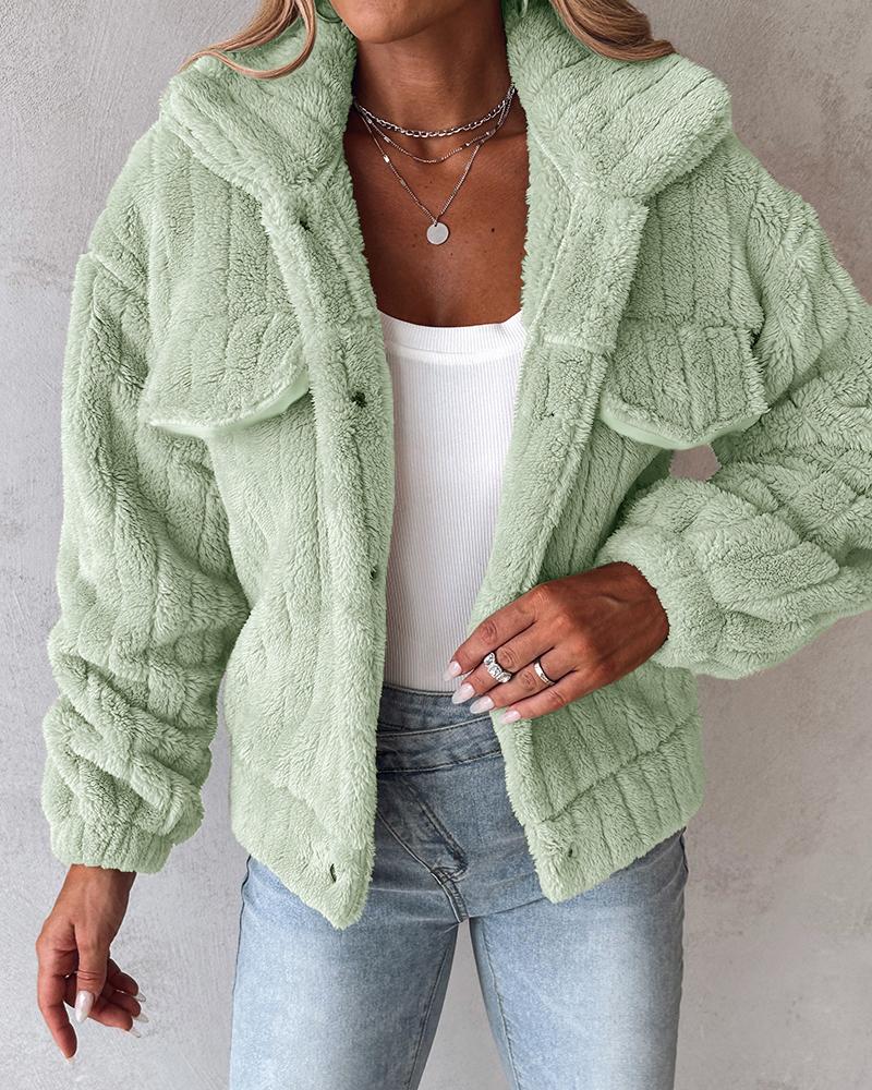 Turn-down Collar Button Front Flap Detail Teddy Jacket Casual Textured Striped Warm Coat, women Jackets & Coats, ChicMe catalog - Image 5