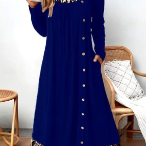 Women Color Block Spring/Fall Dress Crew Neck Long Sleeve A-Line Dress, Maxi, color:Blue|size:XXL, catalog Noracora shop