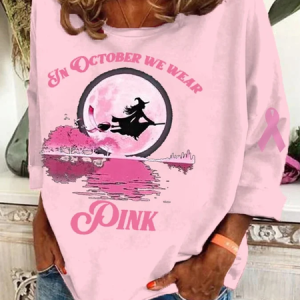 Halloween Witch Pattern Casual Pink Crew Neck Long Sleeve T-shirt, T-shirts, color:Pink|size:5XL, catalog Noracora shop