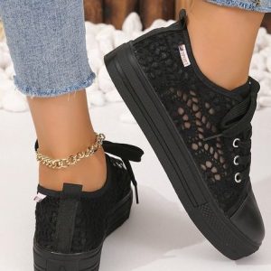 New Hollow Mesh Breathable Platform Thick-soled Casual Shoes, JustFashionNow Flats, color:Black|size:42,