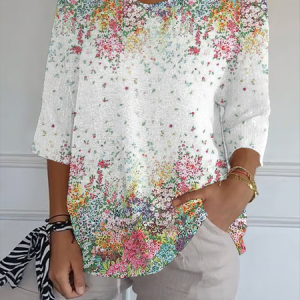 Casual Floral V Neck Three Quarter Sleeve T-shirt, T-shirts, color:White|size:5XL, catalog Noracora shop