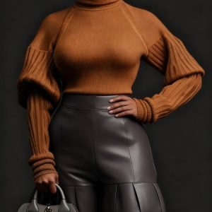 Urban Minimalist Turtleneck Puff Sleeve Sweater, Pullovers, color:Brown|size:XXL, Stylewe