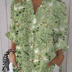 Women's Forest Floral Print Casual Lapel Comfy Shirt, Shirts, color:Green|size:4XL, catalog Noracora shop