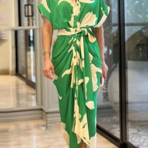 Women Floral Summer Printing Dress Shirt Collar Half Sleeve Hip Skirt A-Line Dress, Dresses, color:Dark Green|size:XXL, catalog Noracora shop