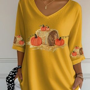 Vintage Halloween Pumpkin Print Crew Neck Three Quarter Sleeve T-shirt, T-shirts, color:Yellow|size:5XL, catalog Noracora shop
