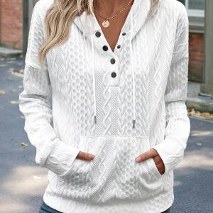 Long Sleeve Half Snap Buttons Front Drawstring Hoodie Sweatshirt Casual Kangaroo Pocket Drop Shoulder Cable Textured Top, women Sweats & Hoodies, ChicMe catalog