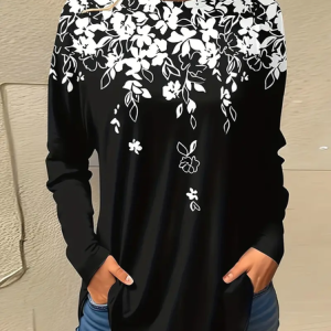 Women Floral Long Sleeve Tee T-shirt Crew Neck Printing Casual Spring/Fall Graphic Tee Top, JustFashionNow T-Shirts, color:Black|size:XXL,