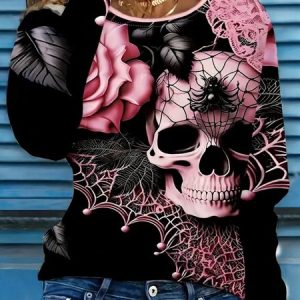 Women Skull Long Sleeve Tee T-shirt Crew Neck Printing Casual Spring/Fall Graphic Tee Top, JustFashionNow T-Shirts, color:Black|size:XXL,
