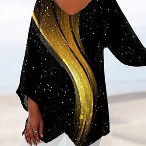 Casual Geometric V Neck Three Quarter Sleeve T-shirt, T-shirts, color:Color19|size:5XL, catalog Noracora shop