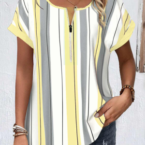 Square Neck Half Sleeve Striped Regular Loose Blouse For Women, T-shirts, color:Yellow|size:4XL, catalog Noracora shop