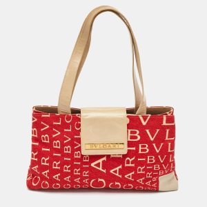 Bvlgari Red/Beige Logo Mania Fabric and Leather Baguette Bag, Shoulder Bags - Luxury Closet catalog