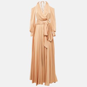 Maison d'Angelann Gold Beige Silk Satin Draped Off-Shoulder Long Dress M, Dresses - Luxury Closet catalog