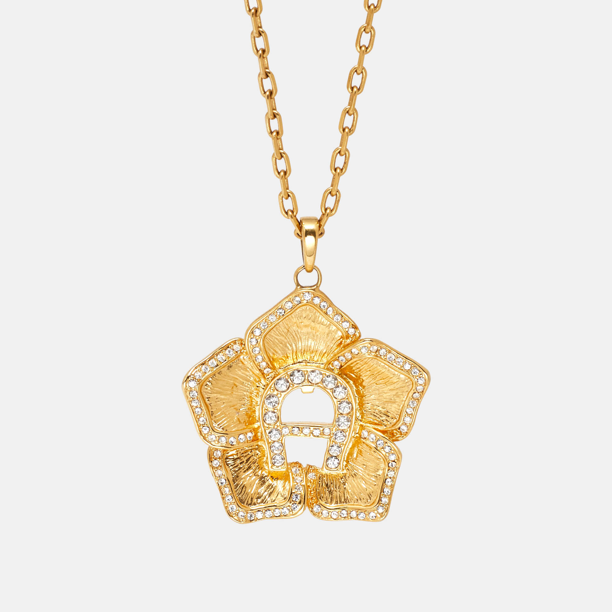 Aigner Gold Tone Crystal Logo Flower Pendant Necklace, Jewelry - Luxury Closet catalog