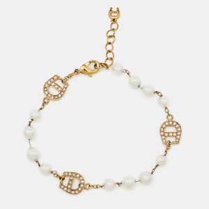 Aigner Gold Tone Crystal Logo Faux Pearl Station Bracelet, Jewelry - Luxury Closet catalog