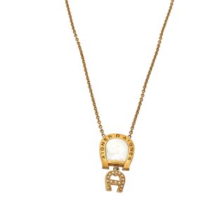 Aigner Gold Tone Mother of Pearl Crystal Logo Pendant Necklace, Jewelry - Luxury Closet catalog