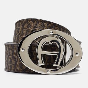 Aigner Dark Brown Monogram Coated Canvas and Leather Logo Belt, Belt Buckles - Luxury Closet catalog