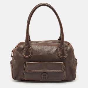 Aigner Dark Brown Leather Front Pocket Satchel, Satchels - Luxury Closet catalog