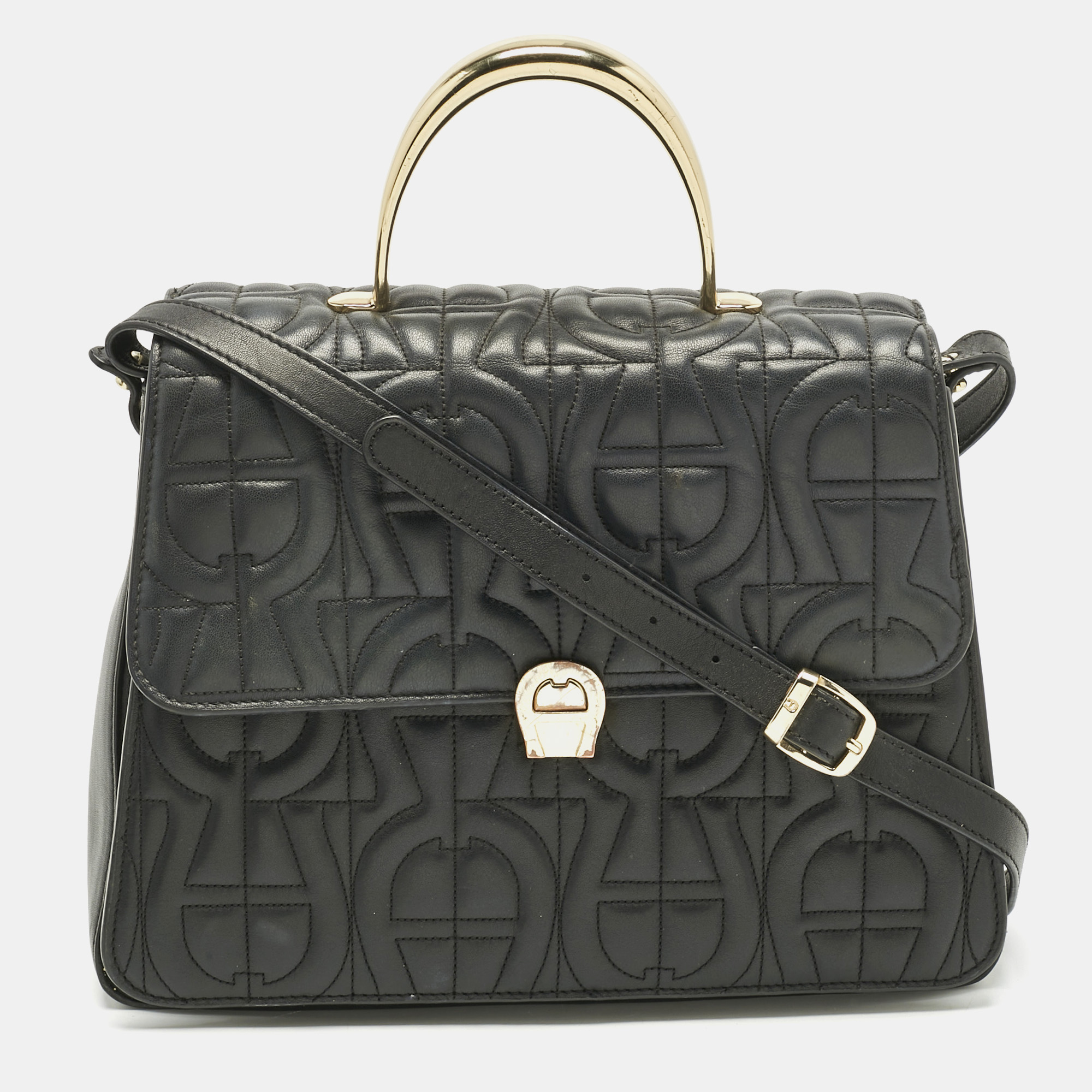 Aigner Black Leather Logo Embossed Genoveva M Top Handle Bag, Satchels - Luxury Closet catalog