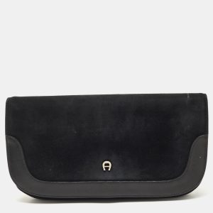 Aigner Black Suede And Leather Logo Flap Clutch, Clutches & Special Occasion Bags - Luxury Closet catalog