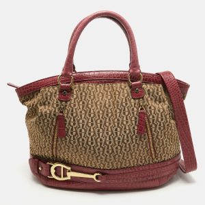 Aigner Brown/Pinnk Signature Canvas and Croc Embossed Leather Buckle Logo Satchel, Satchels - Luxury Closet catalog