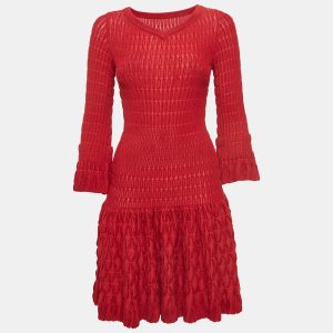 Alaia Red Chenille Wool Patterned Long Sleeve Skater Dress M, Dresses - Luxury Closet catalog