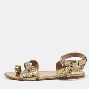 Alaia Gold Leather Embellished Ankle Strap Flat Sandals Size 37, Sandals - Luxury Closet catalog