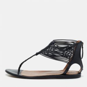 Alaia Black Leather T-Strap Flat Sandals Size 37.5, Sandals - Luxury Closet catalog