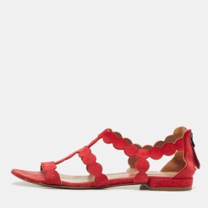 Alaia Red Laser Cut Suede Open Toe Flat Sandals Size 38.5, Sandals - Luxury Closet catalog