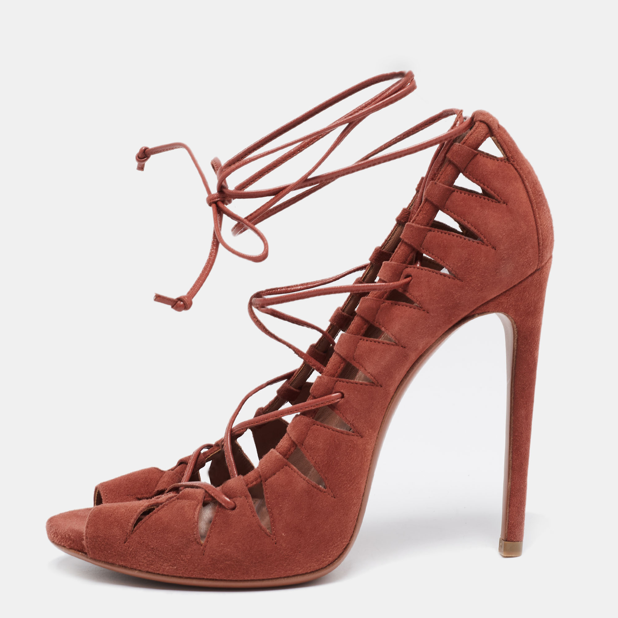 Alaia Brick Brown Suede Cut-Out Peep-Toe Ankle-Tie Sandals Size 39, Sandals - Luxury Closet catalog