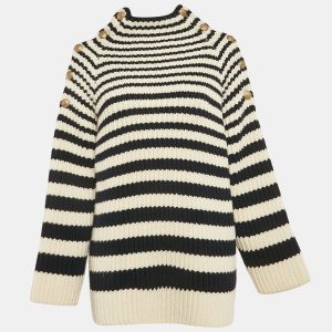 Alberta Ferretti Blue/White Rib Knit Buttoned Cold-Shoulder Sweater M, Sweaters & Cardigans - Luxury Closet catalog