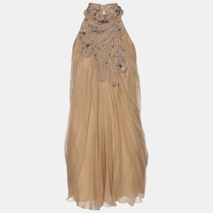 Alberta Ferreti Beige Chiffon Braided Crystal Embellishment Halter Neck Top M, Shirts & Tops - Luxury Closet catalog