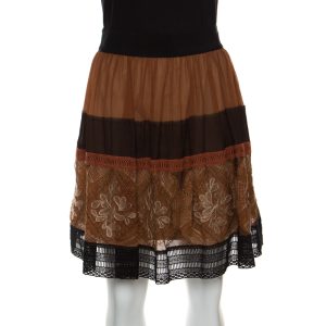 Alberta Ferretti Brown Silk Colorblock Lace Panel Detail Gathered Skirt L, Skirts - Luxury Closet catalog