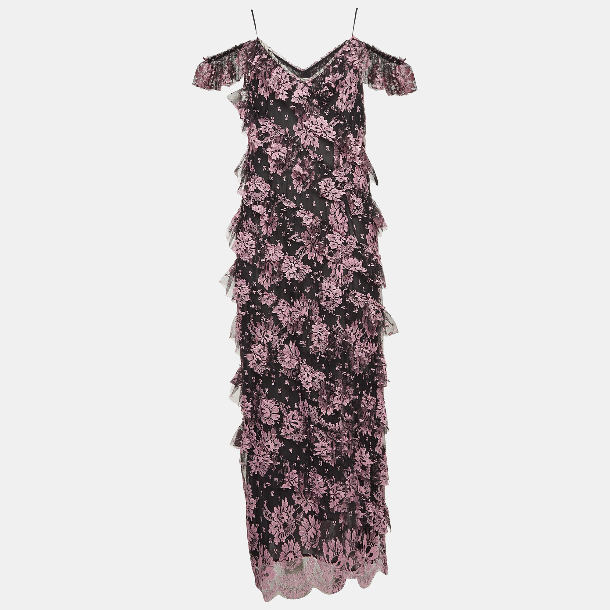 Alessandra Rich Black Floral Lace Ruffled Mid Dress M, Dresses - Luxury Closet catalog