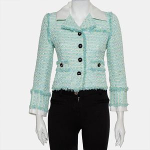 Alessandra Rich Aqua Green Tweed Button Front Cropped Jacket S, Coats & Jackets - Luxury Closet catalog