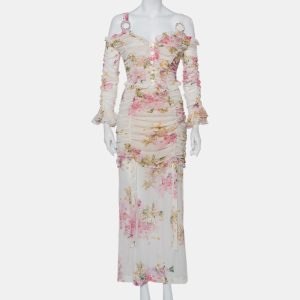 Alessandra Rich White Floral Printed Silk Ruched Cold Shoulder Maxi Dress M, Dresses - Luxury Closet catalog
