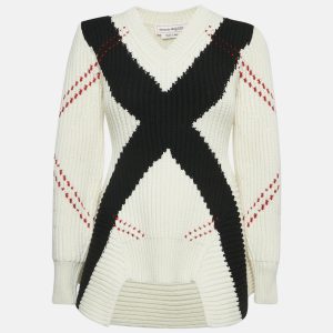 Alexander McQueen White Argyle Intarsia Rib Knit Sweater XXS, Sweaters & Cardigans - Luxury Closet catalog