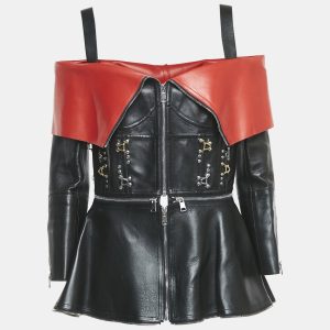 Alexander McQueen Black/Red Leather Zip Front Cold-Shoulder Top M, Coats & Jackets - Luxury Closet catalog