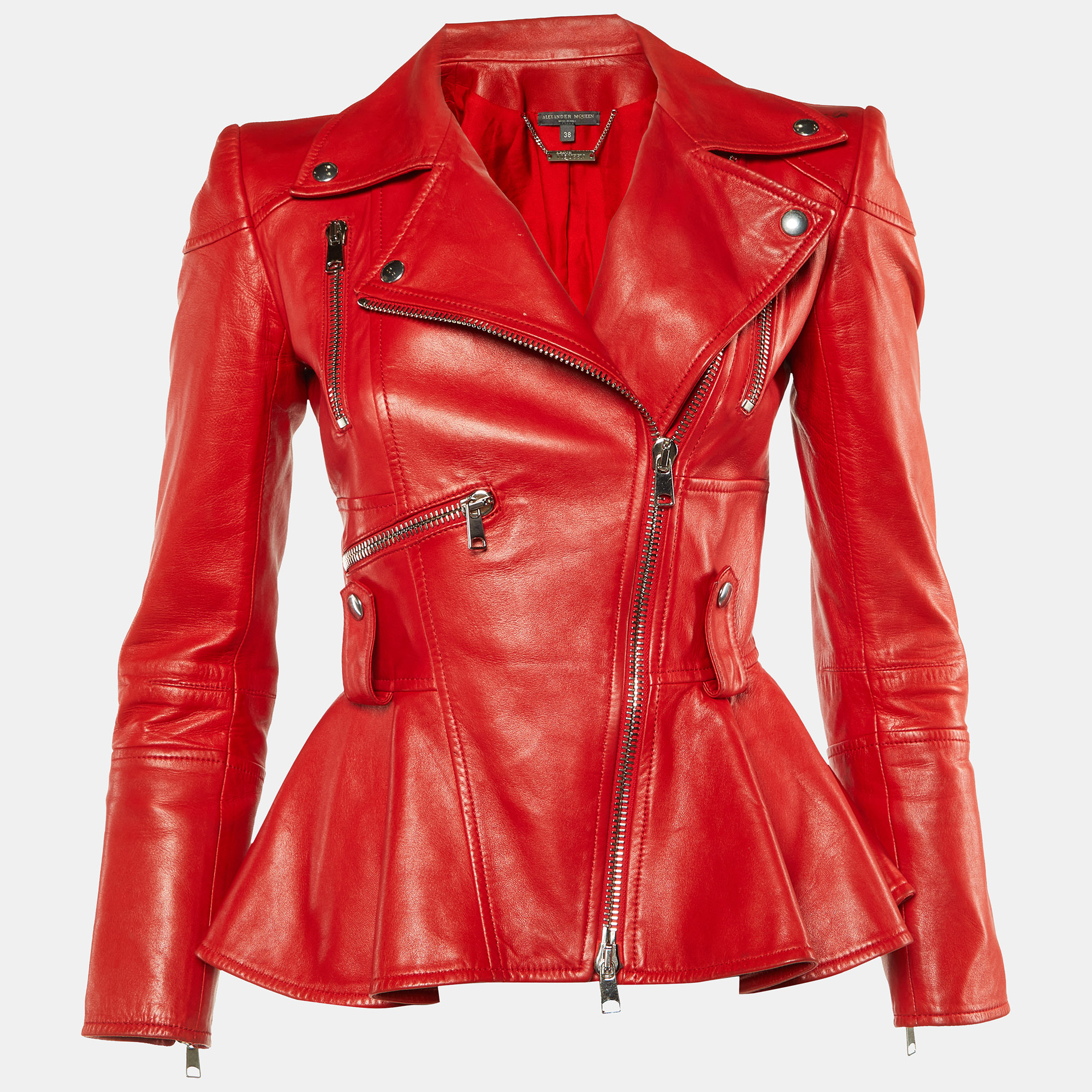Alexander McQueen Red Leather Zip Up Peplum Jacket S, Coats & Jackets - Luxury Closet catalog