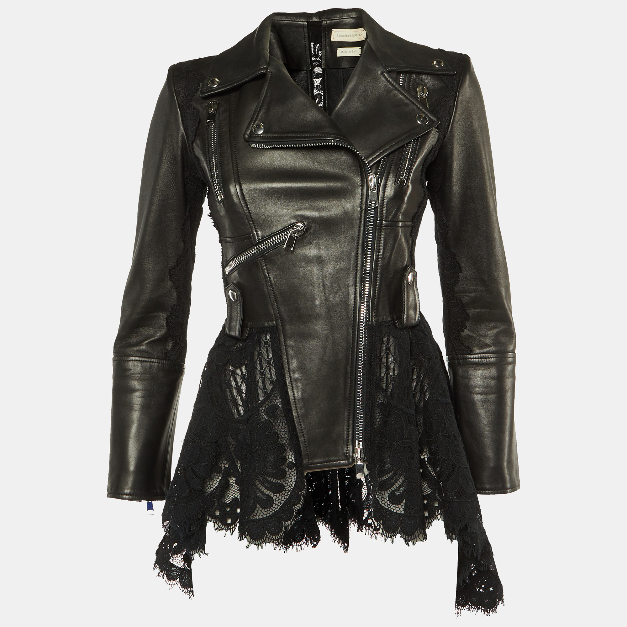 Alexander McQueen Black Leather & Lace Peplum Jacket S, Coats & Jackets - Luxury Closet catalog