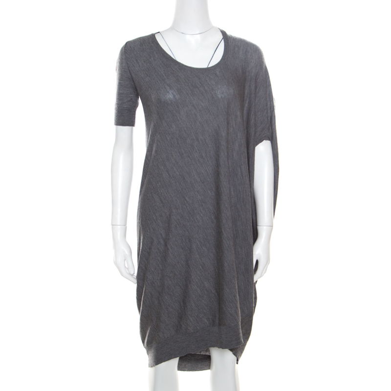 Alexander McQueen Grey Melange Wool Asymmetric Sleeve Oversized Shift Dress S, Dresses - Luxury Closet catalog