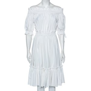 Alexander McQueen White Cotton Ruched Tiered Off Shoulder Midi Dress M, Dresses - Luxury Closet catalog